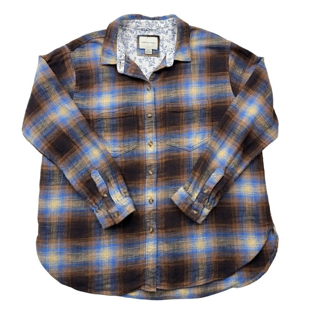 American Eagle Womens SM Plaid Flannel Shirt‎ Boyfriend Grunge Cabincore Western